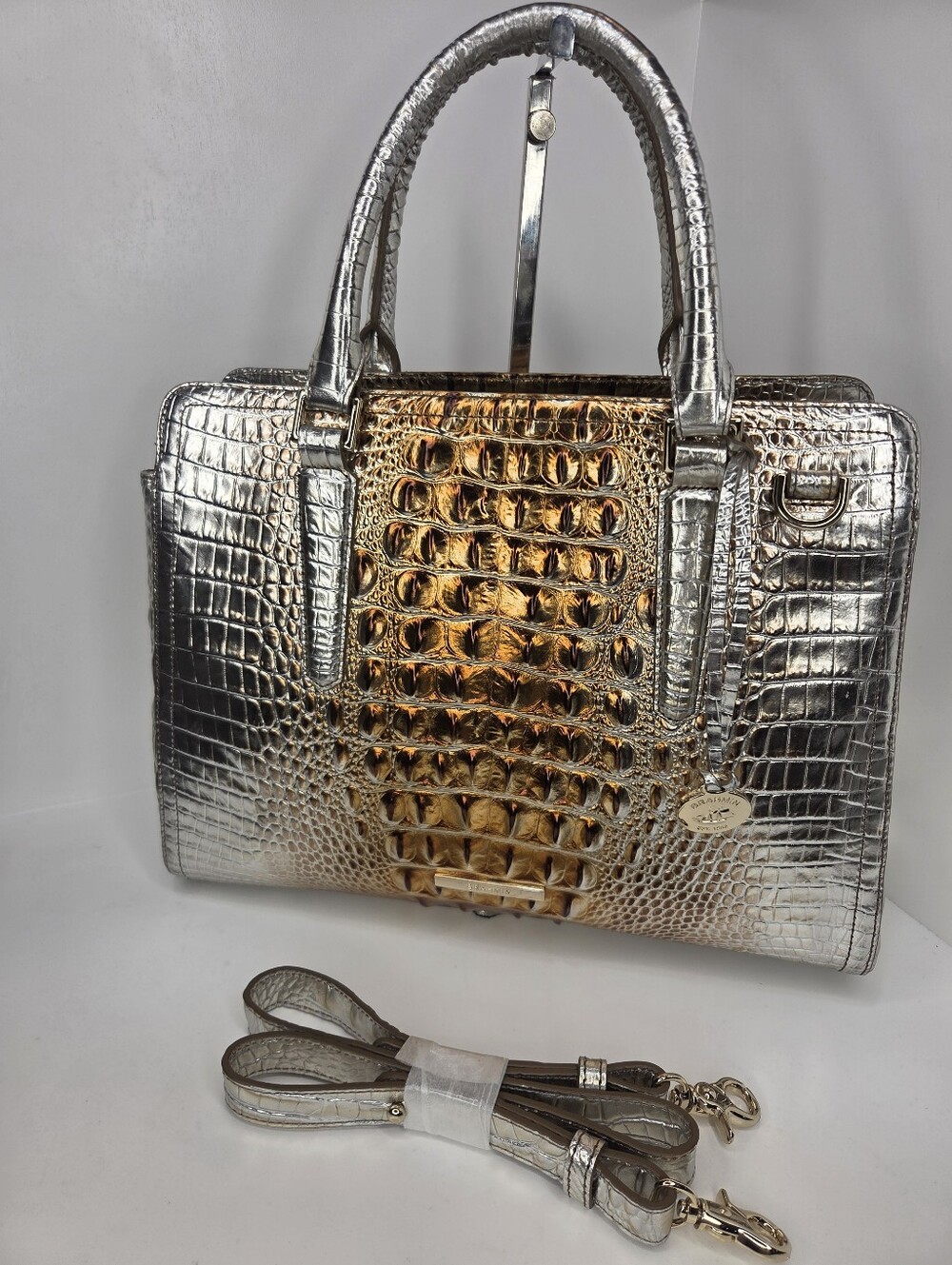 💛▪️Brahmin▪️ Macchiato Ombre Metallic Croc-Embossed Finley Satchel